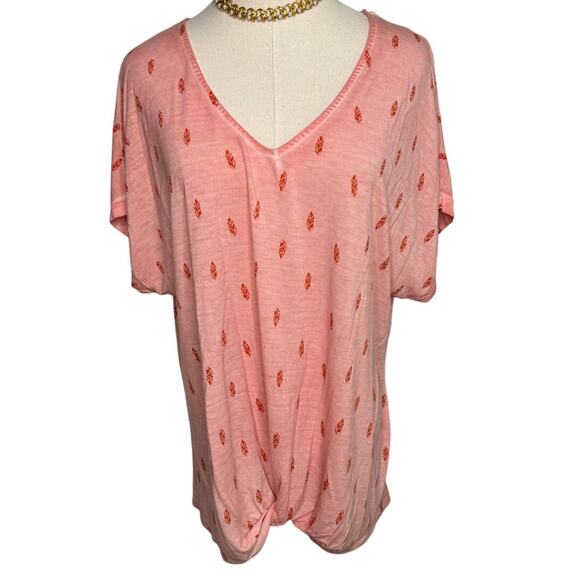 Dantelle leaf print knot front v-neck T-shirt coral pink size large L - Picture 1 of 5